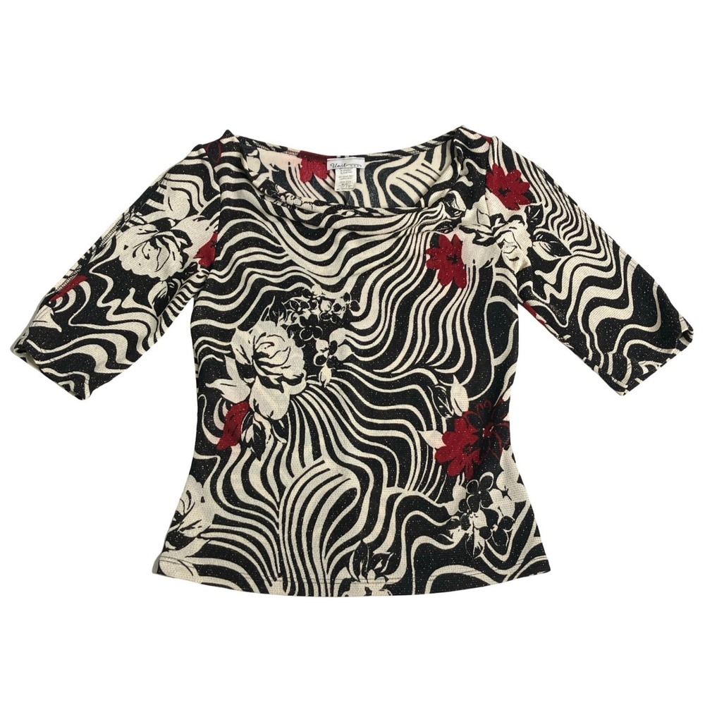 Vintage Y2K Unit USA Top Womens M Zebra Rose Metallic Drape Neck Indie Sleaze